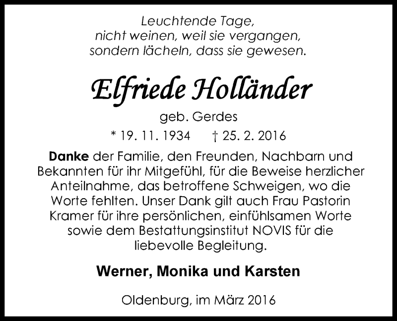  Traueranzeige für Elfriede Holländer vom 26.03.2016 aus Nordwest-Zeitung