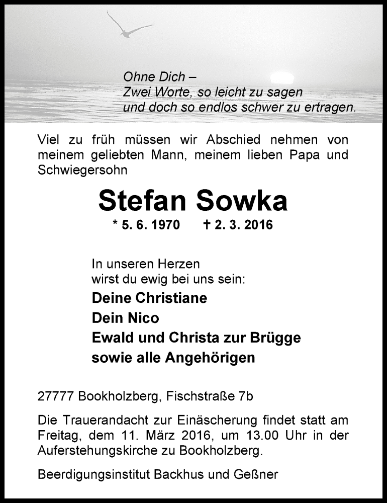 Traueranzeigen von Stefan Sowka | nordwest-trauer.de