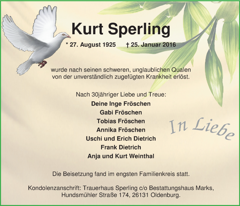  Traueranzeige für Kurt Sperling vom 04.03.2016 aus Nordwest-Zeitung