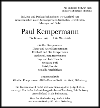 Traueranzeige von Paul Kempermann von Nordwest-Zeitung