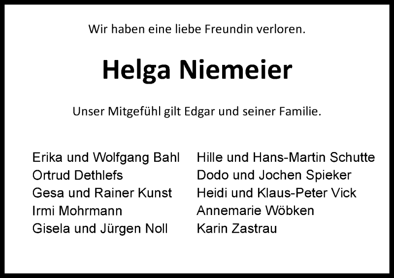  Traueranzeige für Helga Niemeier vom 05.03.2016 aus Nordwest-Zeitung