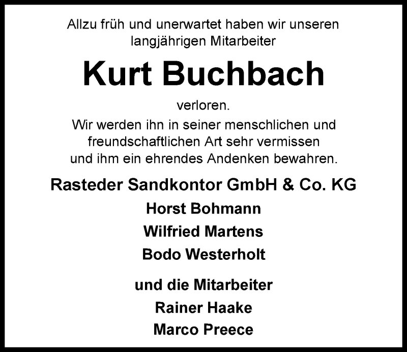  Traueranzeige für Kurt Buchbach vom 08.03.2016 aus Nordwest-Zeitung