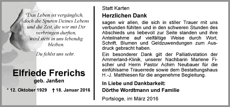  Traueranzeige für Elfriede Frerichs vom 19.03.2016 aus Nordwest-Zeitung