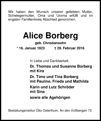 Traueranzeige von Alice Borberg von Nordwest-Zeitung