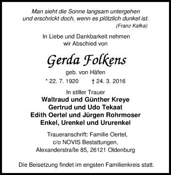 Traueranzeige von Gerda Folkens von Nordwest-Zeitung