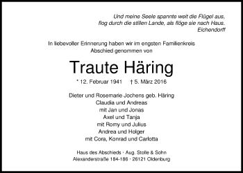 Traueranzeige von Traute Häring von Nordwest-Zeitung