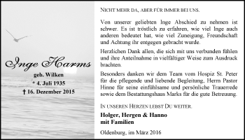 Traueranzeige von Inge Harms von Nordwest-Zeitung