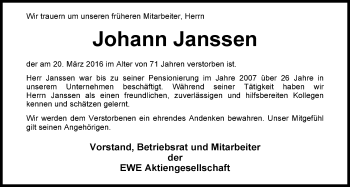 Traueranzeige von Johann Janssen von Nordwest-Zeitung