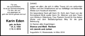 Traueranzeige von Karin Eden von Nordwest-Zeitung