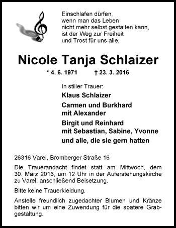 Traueranzeige von Nicole Tanja Schlaizer von Nordwest-Zeitung