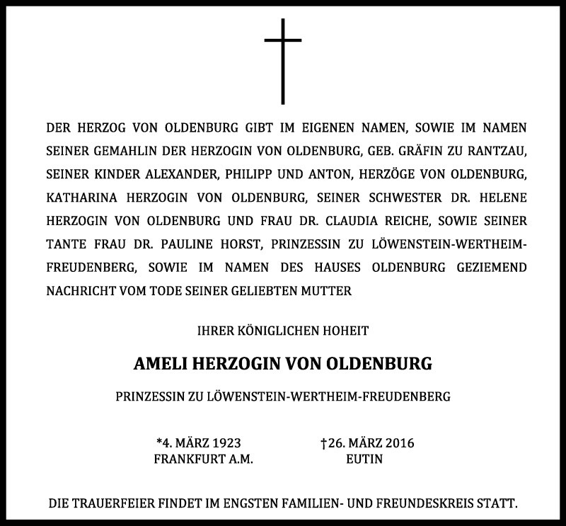  Traueranzeige für Ameli Herzogin  von Oldenburg vom 30.03.2016 aus Nordwest-Zeitung