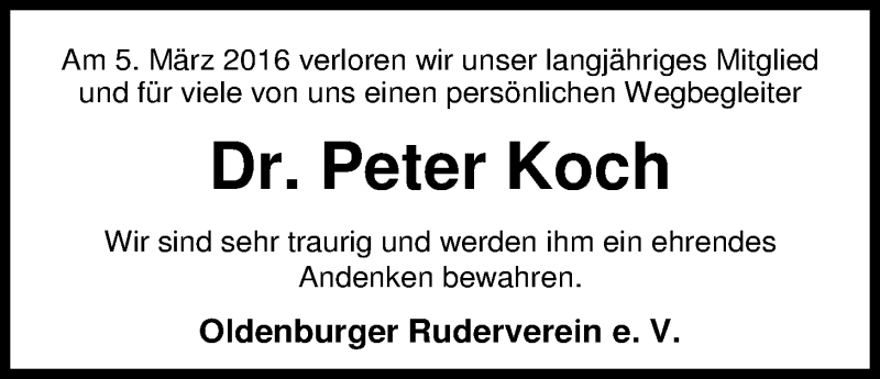  Traueranzeige für Dr. Peter Koch vom 15.03.2016 aus Nordwest-Zeitung
