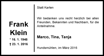 Traueranzeige von Frank  Klein von Nordwest-Zeitung