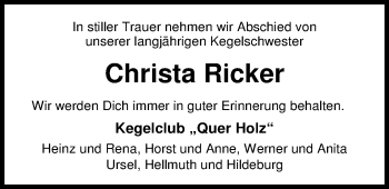 Traueranzeige von Christa Ricker von Nordwest-Zeitung