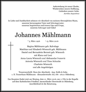 Traueranzeige von Johannes Mählmann von Nordwest-Zeitung