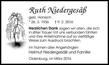 Traueranzeige von Ruth Niedergesäß von Nordwest-Zeitung