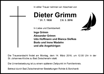 Traueranzeige von Dieter Grimm von Nordwest-Zeitung