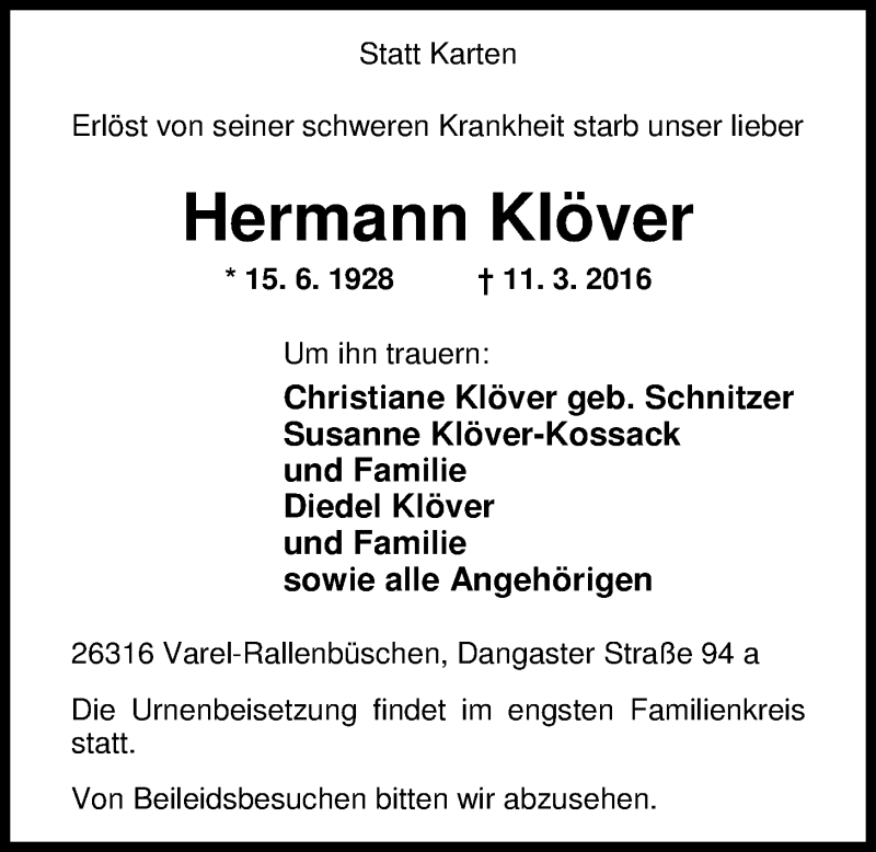  Traueranzeige für Hermann Klöver vom 14.03.2016 aus Nordwest-Zeitung