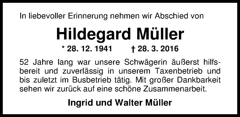  Traueranzeige für Hildegard Müller vom 31.03.2016 aus Nordwest-Zeitung