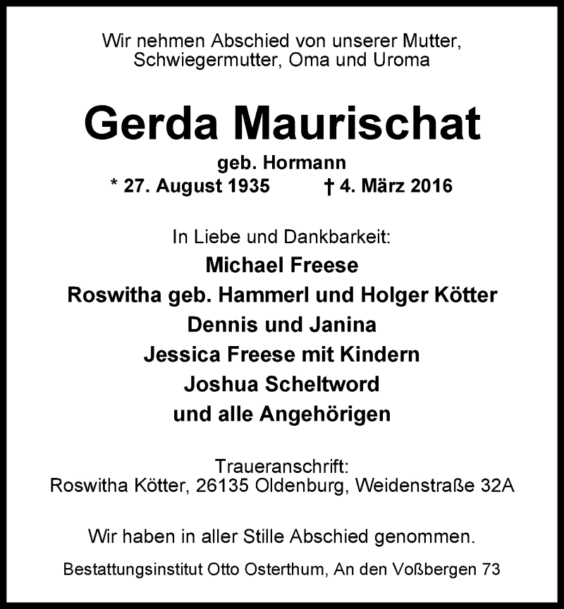  Traueranzeige für Gerda Maurischat vom 09.03.2016 aus Nordwest-Zeitung