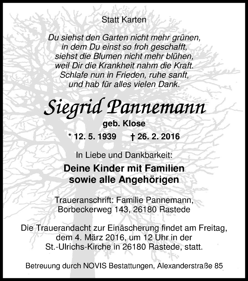  Traueranzeige für Siegrid Pannemann vom 02.03.2016 aus Nordwest-Zeitung