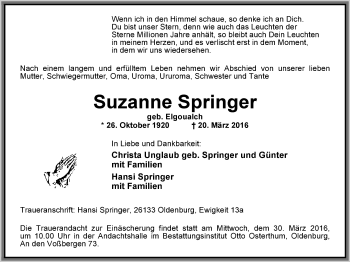 Traueranzeige von Suzanne Springer von Nordwest-Zeitung