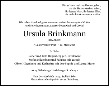 Traueranzeige von Ursula Brinkmann von Nordwest-Zeitung
