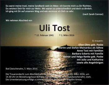 Traueranzeige von Uli Tost von Nordwest-Zeitung