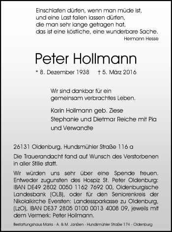 Traueranzeige von Peter Hollmann von Nordwest-Zeitung