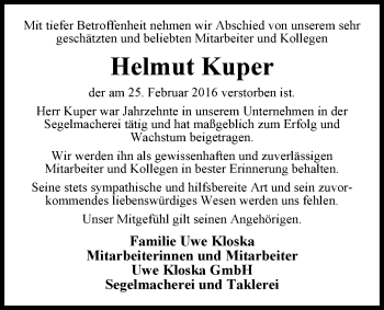 Traueranzeige von Helmut Kuper von Nordwest-Zeitung