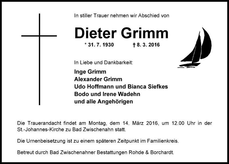  Traueranzeige für Dieter Grimm vom 10.03.2016 aus Nordwest-Zeitung