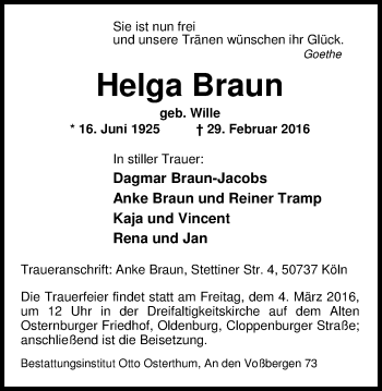 Traueranzeige von Helga Braun von Nordwest-Zeitung