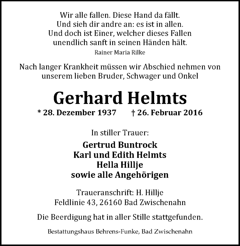  Traueranzeige für Gerhard Helmts vom 07.03.2016 aus Nordwest-Zeitung