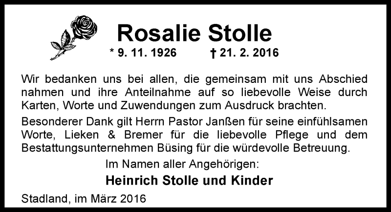  Traueranzeige für Rosalie Stolle vom 29.03.2016 aus Nordwest-Zeitung