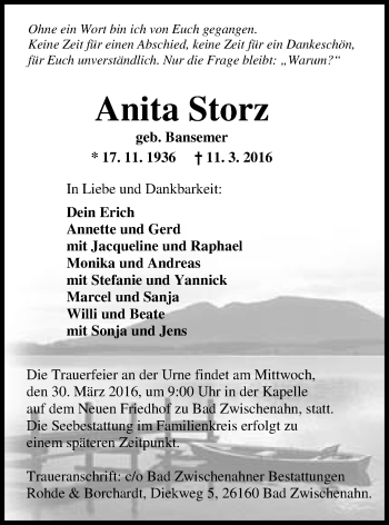 Traueranzeige von Anita Storz von Nordwest-Zeitung
