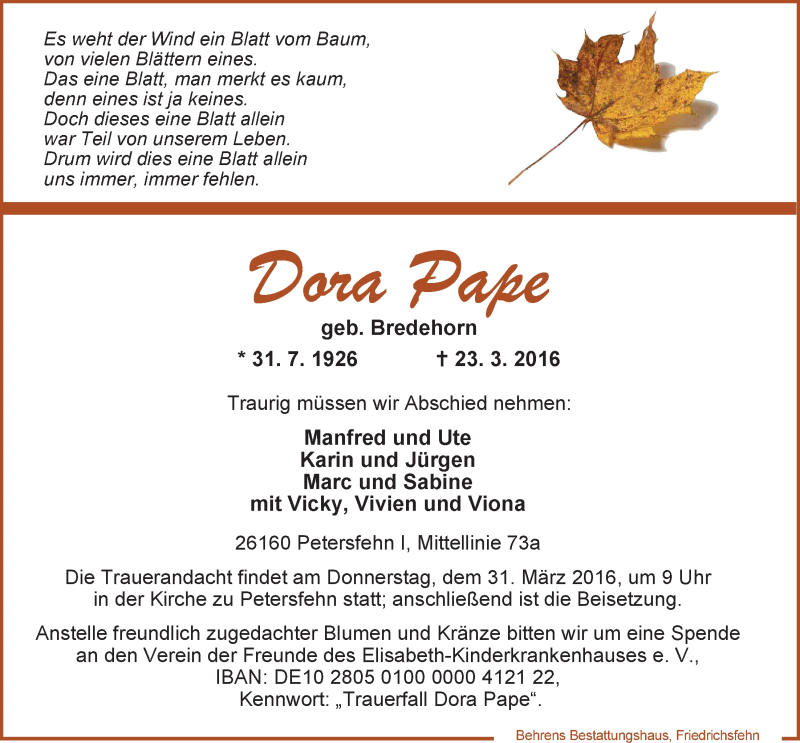  Traueranzeige für Dora Pape vom 29.03.2016 aus Nordwest-Zeitung