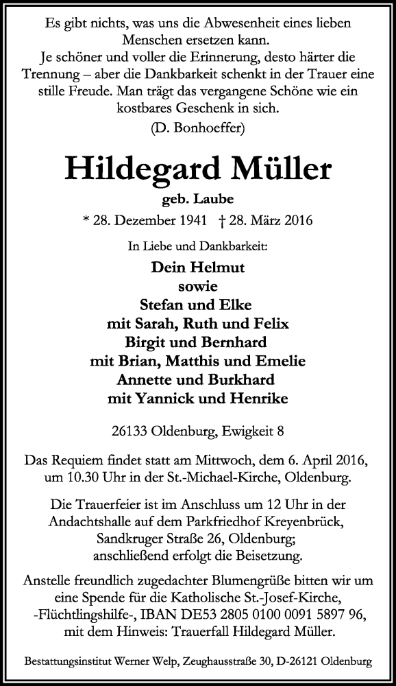  Traueranzeige für Hildegard Müller vom 30.03.2016 aus Nordwest-Zeitung