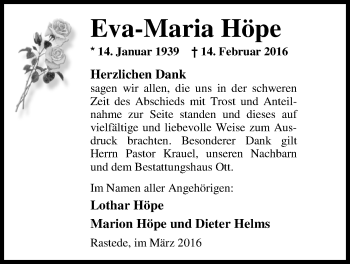 Traueranzeige von Eva-Maria Höpe von Nordwest-Zeitung
