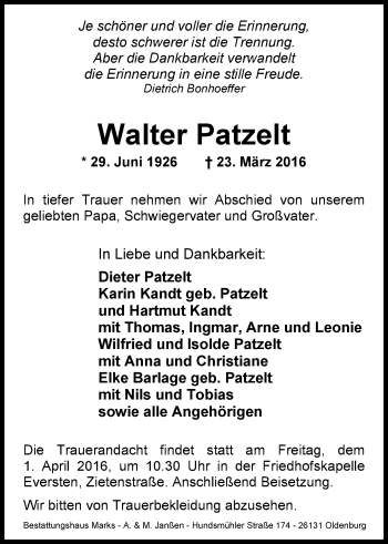 Traueranzeige von Walter Paetzelt von Nordwest-Zeitung