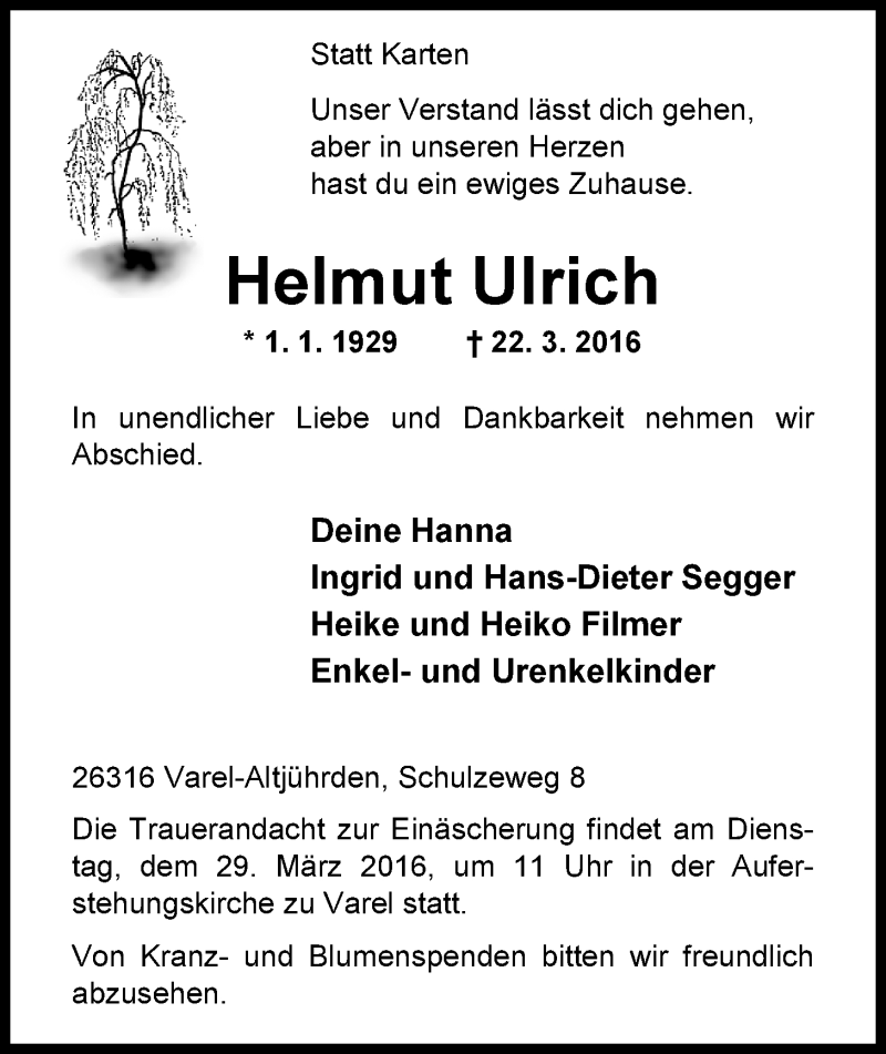  Traueranzeige für Helmut Ulrich vom 26.03.2016 aus Nordwest-Zeitung