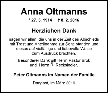 Traueranzeige von Anna Oltmanns von Nordwest-Zeitung