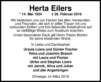 Traueranzeige von Herta Eilers von Nordwest-Zeitung