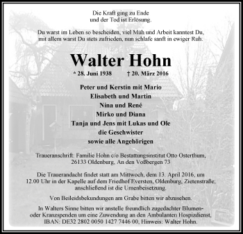 Traueranzeige von Walter Hohn von Nordwest-Zeitung
