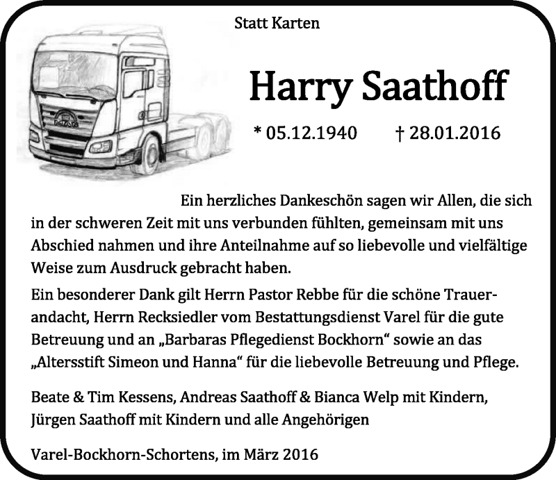  Traueranzeige für Harry Saathoff vom 05.03.2016 aus Nordwest-Zeitung