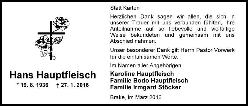  Traueranzeige für Hans Hauptfleisch vom 05.03.2016 aus Nordwest-Zeitung