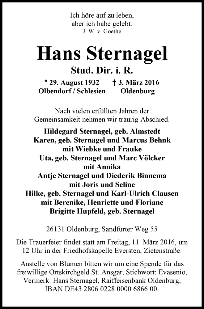  Traueranzeige für Hans Sternagel vom 08.03.2016 aus Nordwest-Zeitung