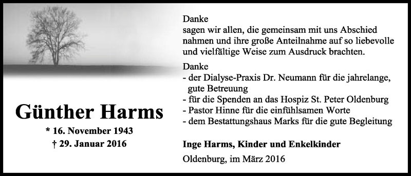 Traueranzeige für Günther Harms vom 19.03.2016 aus Nordwest-Zeitung