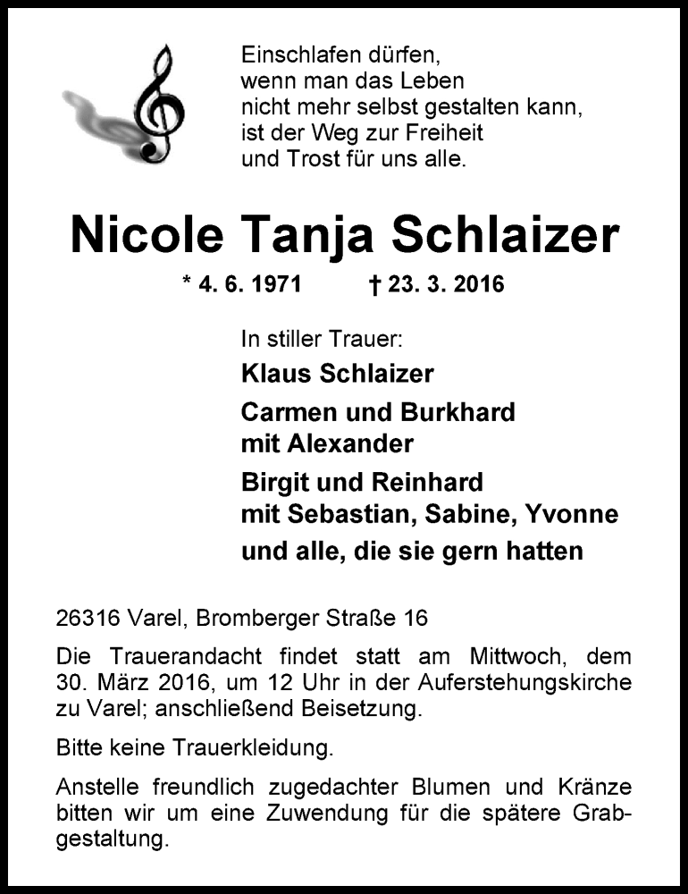  Traueranzeige für Nicole Tanja Schlaizer vom 26.03.2016 aus Nordwest-Zeitung