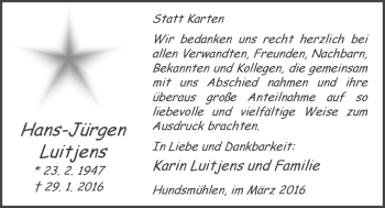 Traueranzeige von Hans-Jürgen Luitjens von Nordwest-Zeitung