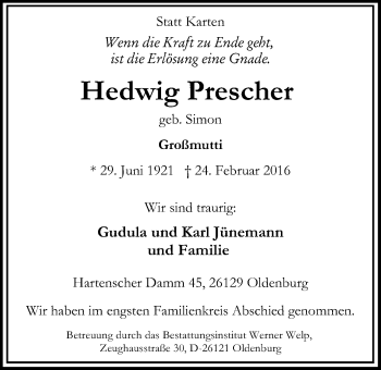 Traueranzeige von Hedwig Prescher von Nordwest-Zeitung
